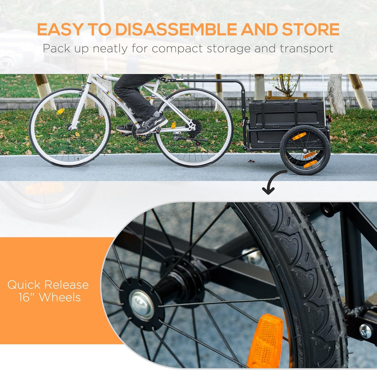 Aosom Bike Cargo Trailer, Bicycle Trailer Wagon Cart with Removable Storage Box, Folding Frame, Quick Release 16' Wheels and Safe Reflectors