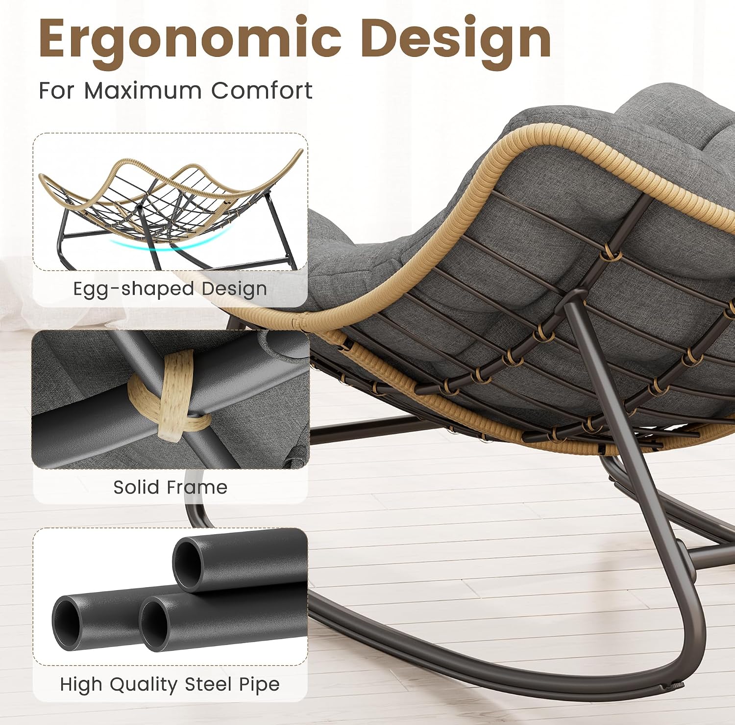 UDPATIO Outdoor Papasan Rocking Chair, Wicker Papasan Lounge Chair with 5.1' Thickened Water-Resistant Cushion & Anti-Slip Bar, for Porch, Balcony, Patio or Indoor, Dark Grey