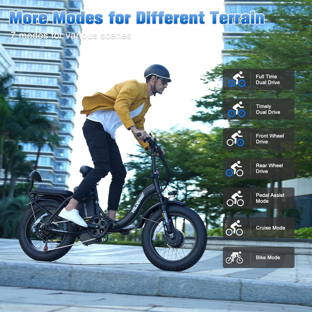 Wildeway Folding Electric Bike for Adults,2000W Dual Motor Ebike 20x4.0 Fat Tire All-Terrain 28MPH,48V 32Ah Removable Battery,7-Speed,Dual Hydraulic Disc Brake,City Commuting Delivery Bicycle