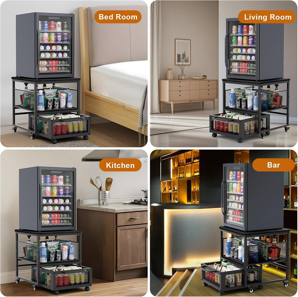 21x21in Mini Fridge Stand with Storage, Heavy Duty Mini Fridge Table with 4 Lockable Wheels for Coffee Bar 220LBS Compact Beverage Refrigerator Stand Cabinet Dorm Fridge Cart for Office Home (Black)