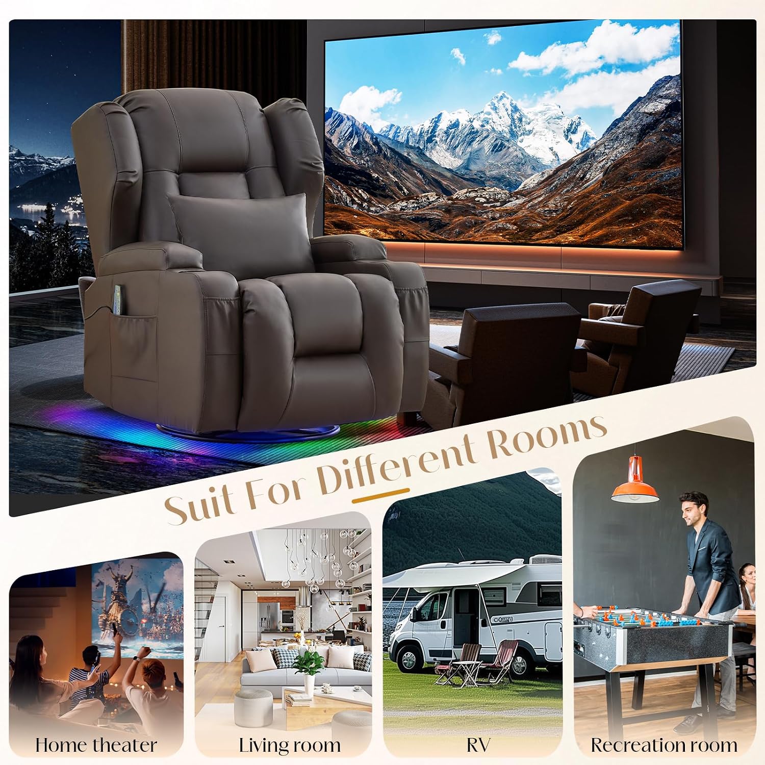 Power Swivel Rocker Recliner Chair with Massage & Heat, Dual Motor Electric Glider Rocking Recliner with USB Ports, Cup Holders & LED Light for Living Room, Home Theater (Brown PU)