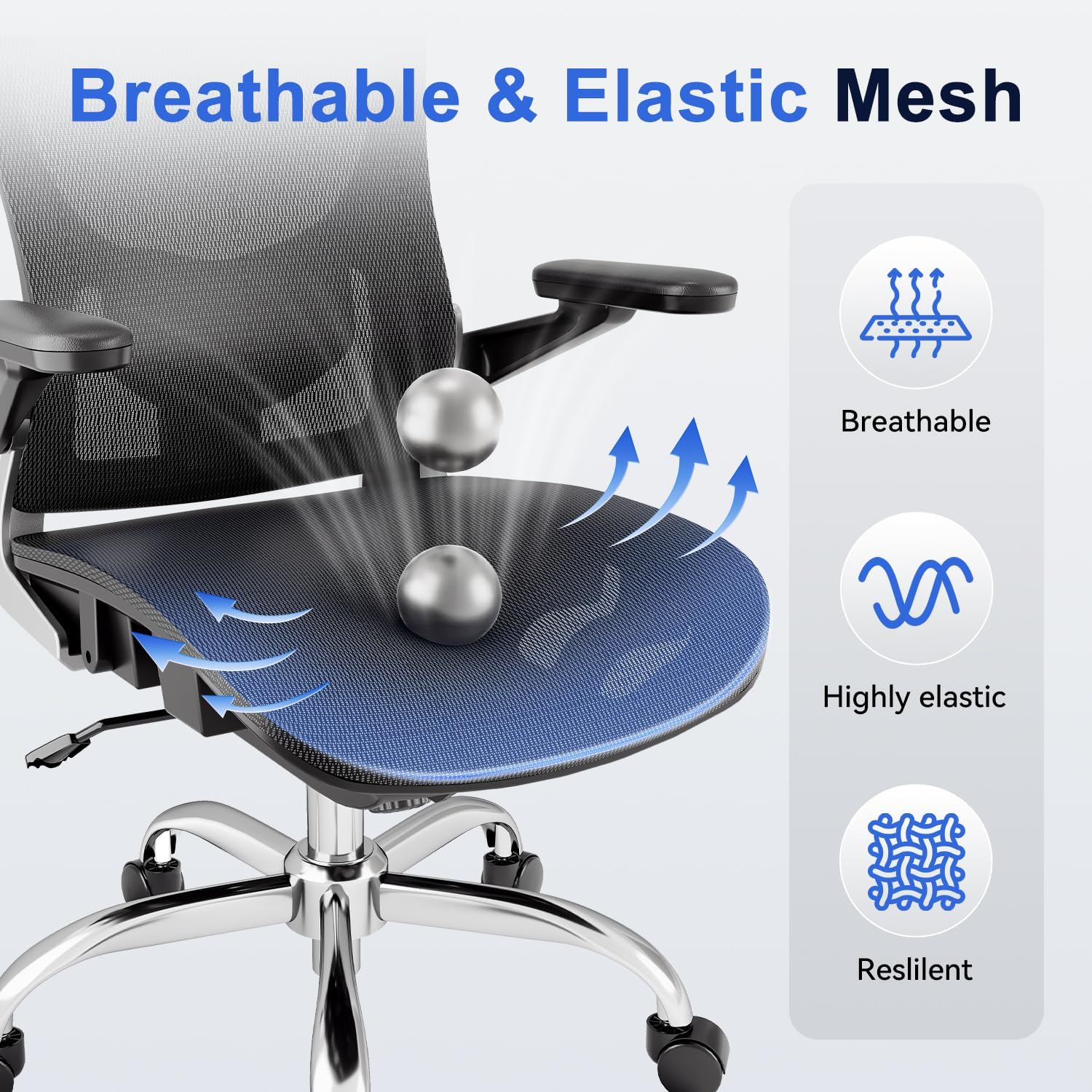 marrap Ergonomic Office Chair, Mesh Seat Cushion with 3D Armrests and 3D Headrest, Adjustable Lumbar Support with 90-120° Rocking Function for Home Office, Black