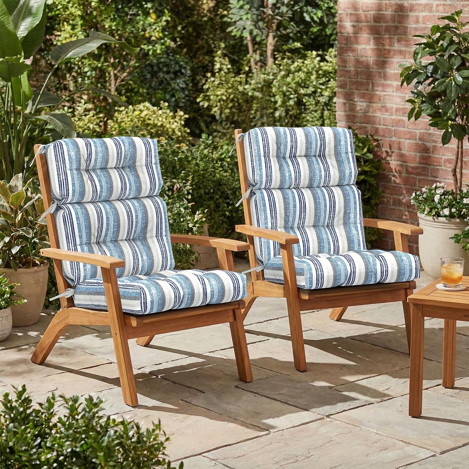 Outdoor High Back Patio Chair Cushions, Tufted Rocking Chair Cushions, Adirondack Cushions for Garden Porch Home Office Chairs Use, 44' x 22' x 4', 2 Pack, Stripe Layered Blue