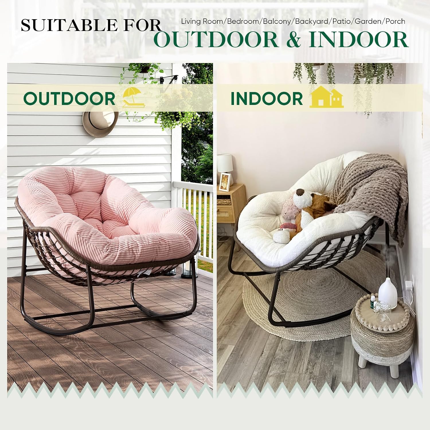 Deolme Large Papasan Rocking Chair Set of 2 with Cushion, Oversized Comfy Reading Chair Lounging Indoor Outdoor Rocker for Front Porch Backyard Bedroom Living Room Egg Chair Rattan (Pink)