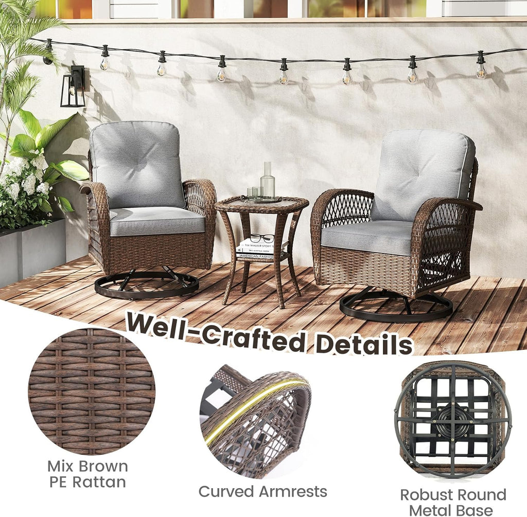 Tangkula 3 Piece Patio Swivel Rocker Set, 2 Outdoor Wicker Rocking Chairs with Tempered Glass Side Table, Outside Gliding Bistro Furniture Set with Thick Cushions for Porch, Yard, Balcony (Gray)