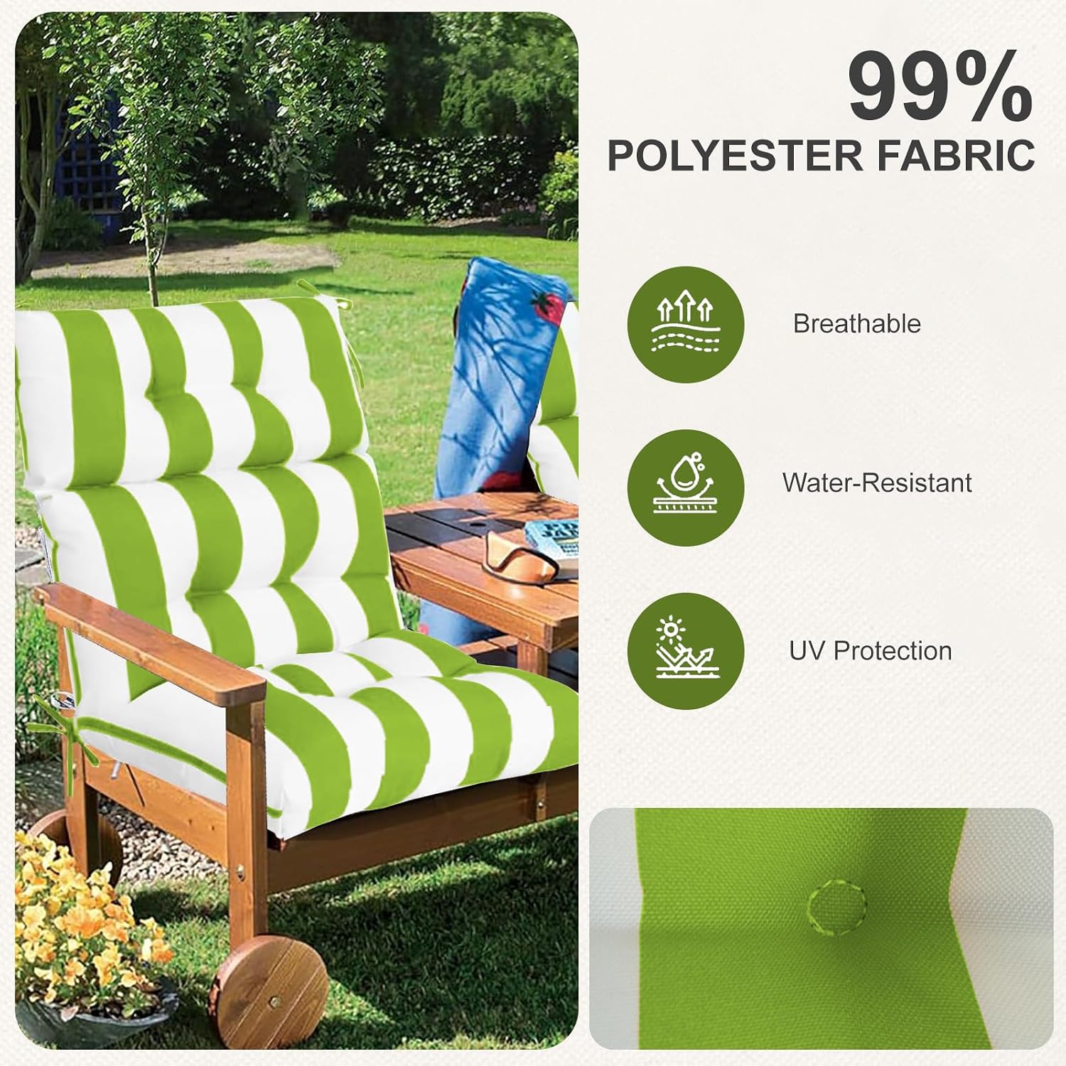 Outdoor High Back Chair Cushions 2-Pack, 44'x22'x 4' Fade-Resistant Waterproof Tufted Pads with Ties for Patio Rocking & Adirondack Chairs (Green White)