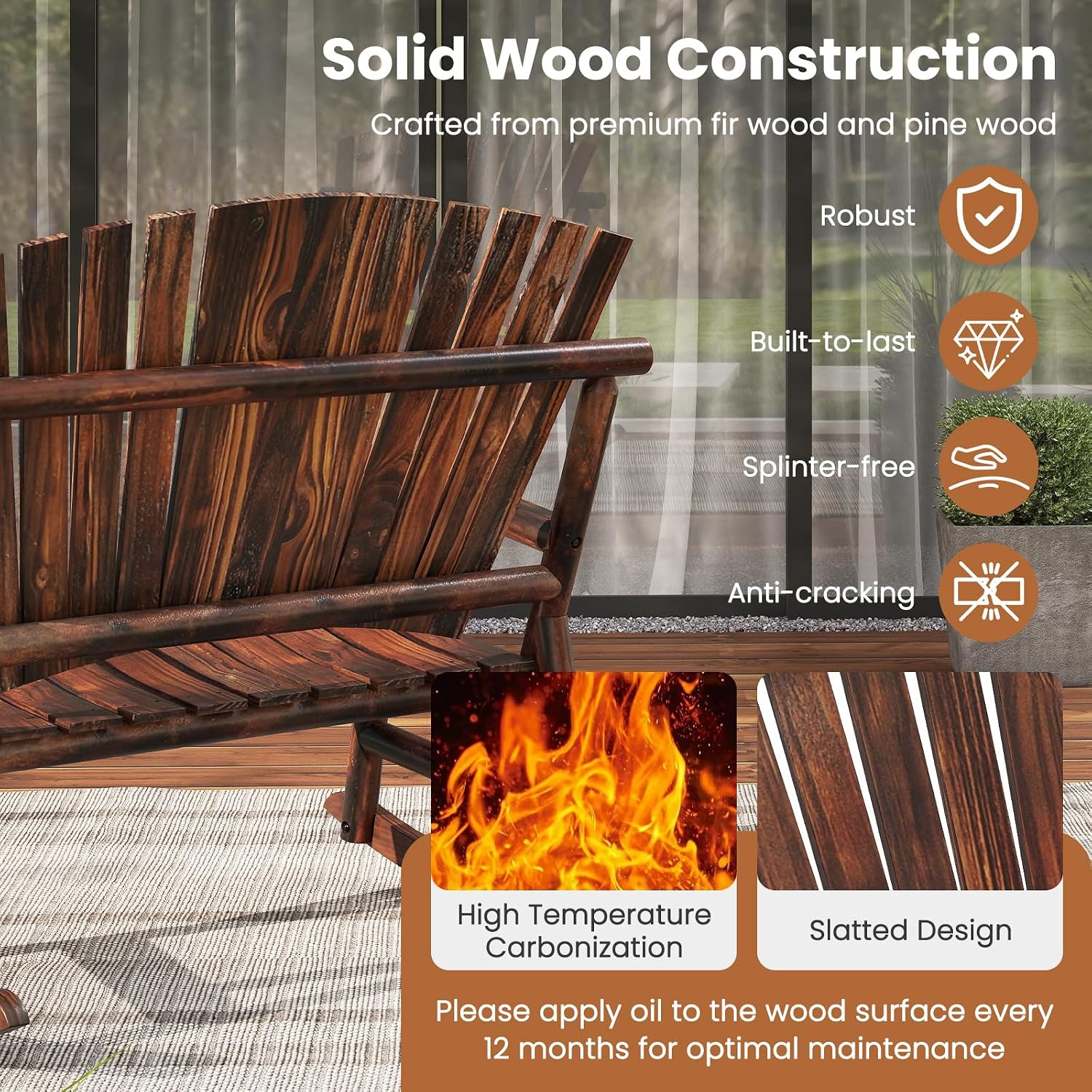 Giantex Outdoor Wooden Rocking Bench, 2-Person Adirondack Porch Rocker Chair with High Back and Slatted Seat, Rustic Log Loveseat for Front Porch Patio, Backyard, Garden, Brown, 51'x38'x46'