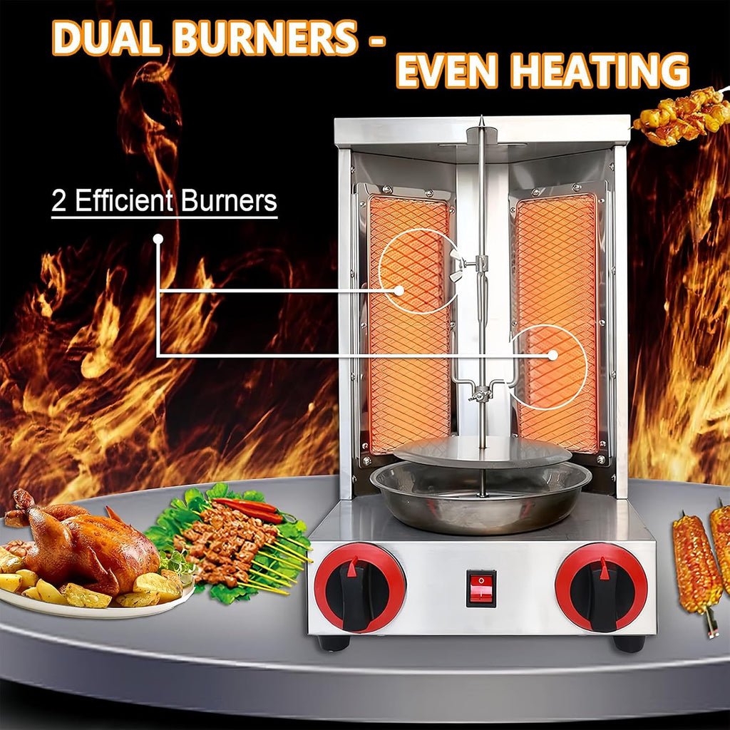 Shawarma Grill Machine LP Gas Gyro Grill Oven Vertical Broiler Rotating Doner Kebab Machine Countertop Rotisserie with 2 Burners for Home Kitchen Adjustable Tempereture Max.300℃,110V