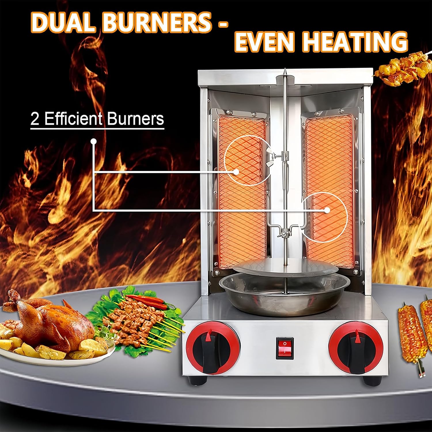 Shawarma Grill Machine LP Gas Gyro Grill Oven Vertical Broiler Rotating Doner Kebab Machine Countertop Rotisserie with 2 Burners for Home Kitchen Adjustable Tempereture Max.300℃,110V