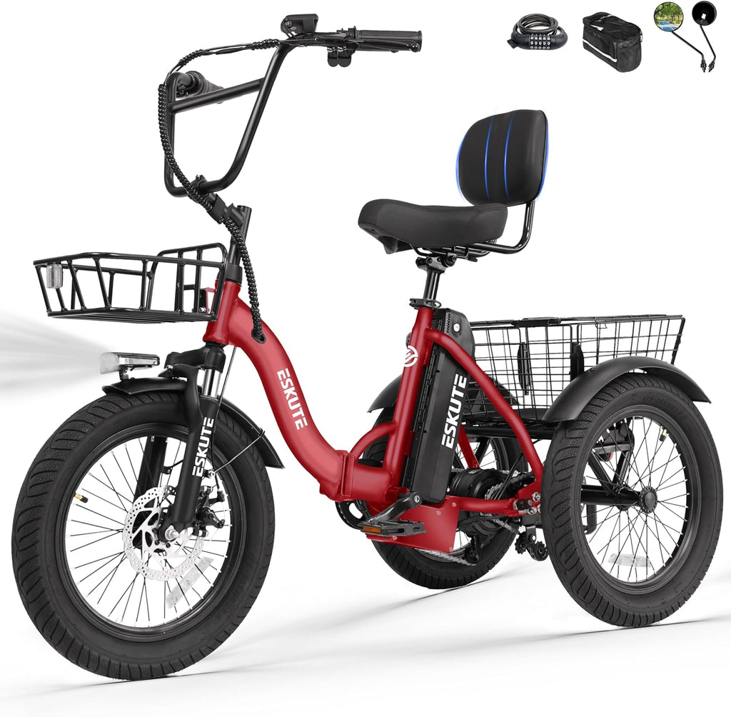 ESKUTE E Trike Electric Bike, Peak 1200W Brushless Motor Folding Trike 18X3.0 Fat Tire Ebike, 624Wh Removable Battery, Step-Thru 3 Wheel Electric Bicycle, Up to 55 Miles, 18MPH+ Tricycle for Adults
