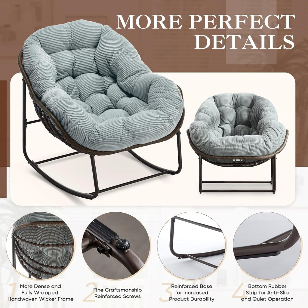 Oversized Indoor/Outdoor Corduroy Rocking Papasan Chair, Modern Egg-Shaped Design with Thick Memory Foam Cushion, Green