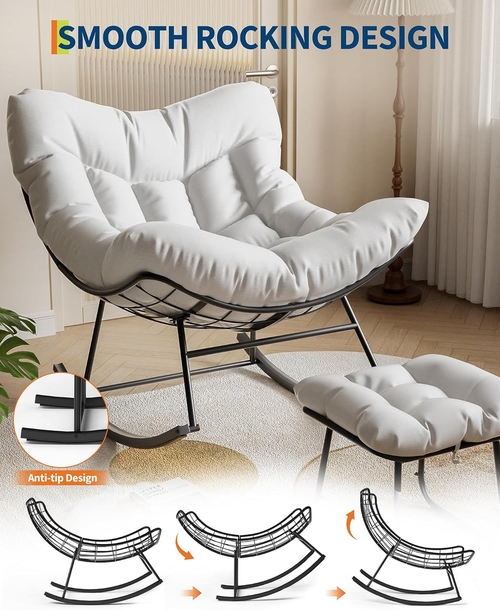 GarveeLife Outdoor Oversized Papasan Rocking Chair with Footrest, Patio Lounge Chair with Ottoman and Sturdy Metal Frame, Patio Rattan Egg Rocker for Balcony Backyard Porch Bedroom, White