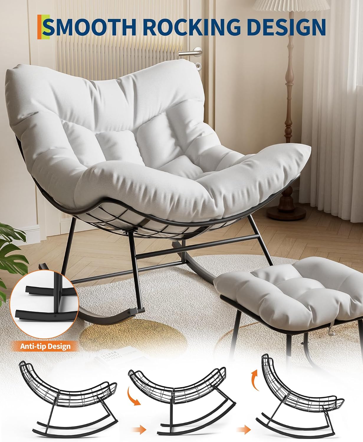 GarveeLife Outdoor Oversized Papasan Rocking Chair with Footrest, Patio Lounge Chair with Ottoman and Sturdy Metal Frame, Patio Rattan Egg Rocker for Balcony Backyard Porch Bedroom, White