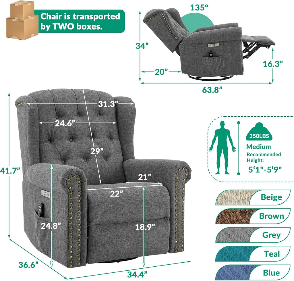 VIVIJASON Power Swivel Rocking Recliner Chair with Massage & Heat, Electric Rocker Glider Chair for Nursery, Wingback Tufted Upholstered Recliner W/Type-C & USB Ports for Living Room, Bedroom, Grey