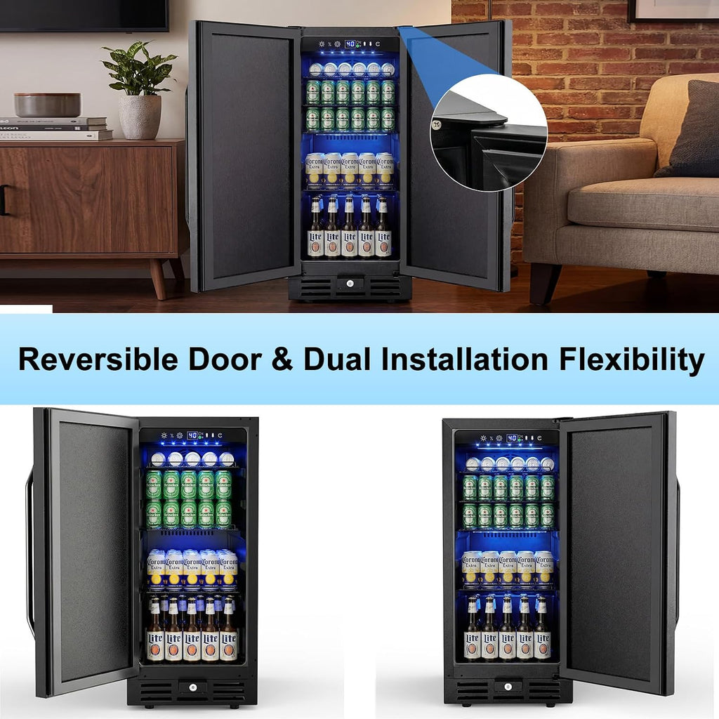 15 Inch Beverage Cooler, 127-Can Stainless Steel Drink Refrigerator with Reversible Door, Built-in or Freestanding Mini Fridge with Blue LED Light, Lock and Key for Indoor Outdoor Use, Black