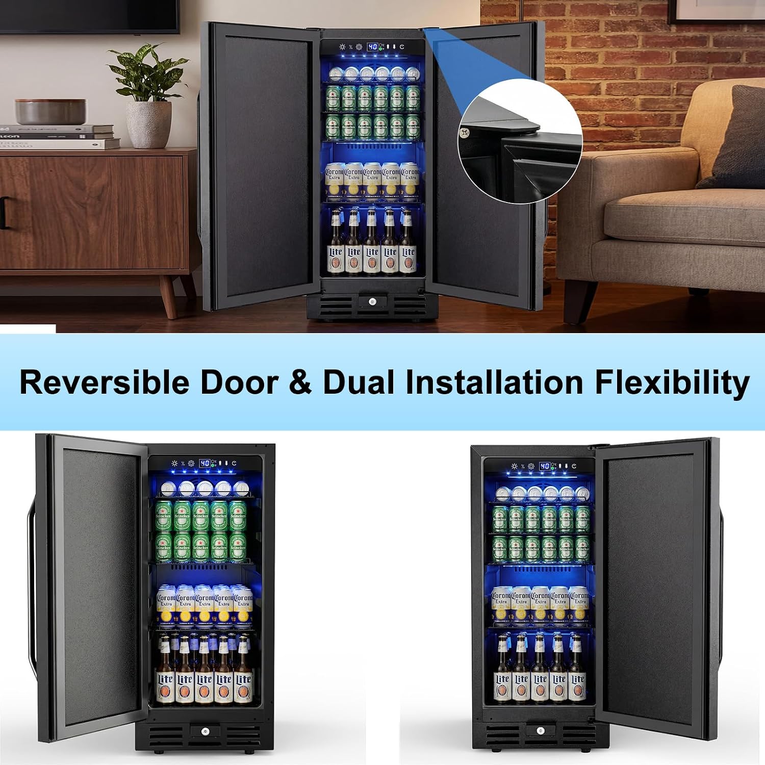 15 Inch Beverage Cooler, 127-Can Stainless Steel Drink Refrigerator with Reversible Door, Built-in or Freestanding Mini Fridge with Blue LED Light, Lock and Key for Indoor Outdoor Use, Black