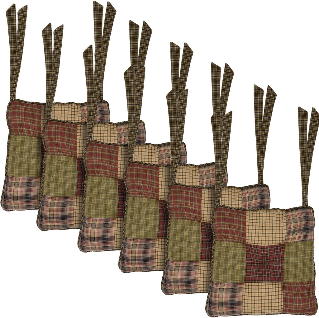 VHC Brands Tea Cabin Chair Pad Patchwork Log Cabin Country Rustic Lodge Design, Moss Green and Deep Red, Set of 6