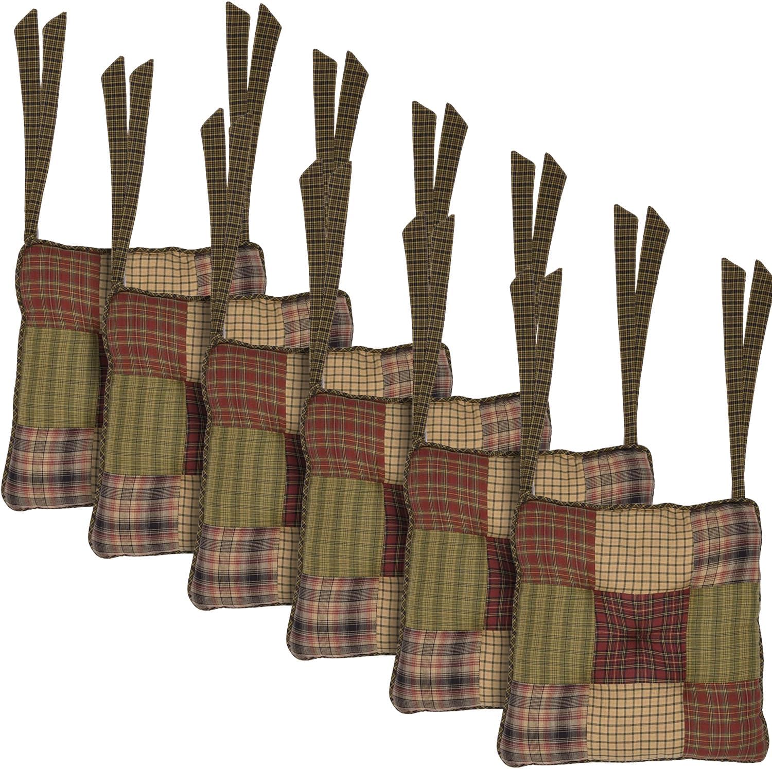 VHC Brands Tea Cabin Chair Pad Patchwork Log Cabin Country Rustic Lodge Design, Moss Green and Deep Red, Set of 6