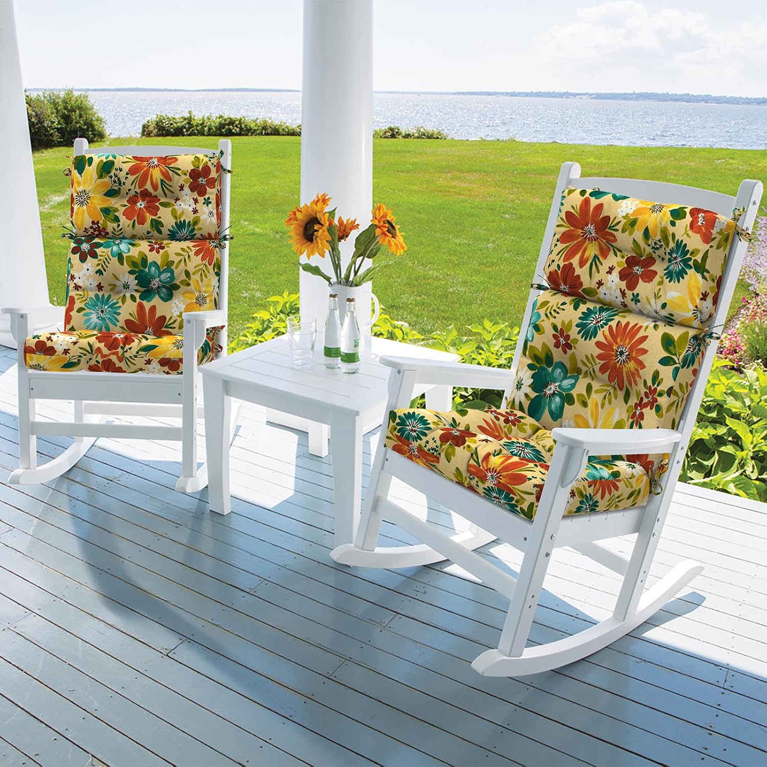 DYTXIII Outdoor High Back Chair Cushions Set of 2, Water Repellent Tufted Rocking Seat Cushions Replacement 44 x 22 Inch, Seat & Back Chair Pads for Patio, Balcony and Indoor Use -Flower Multi