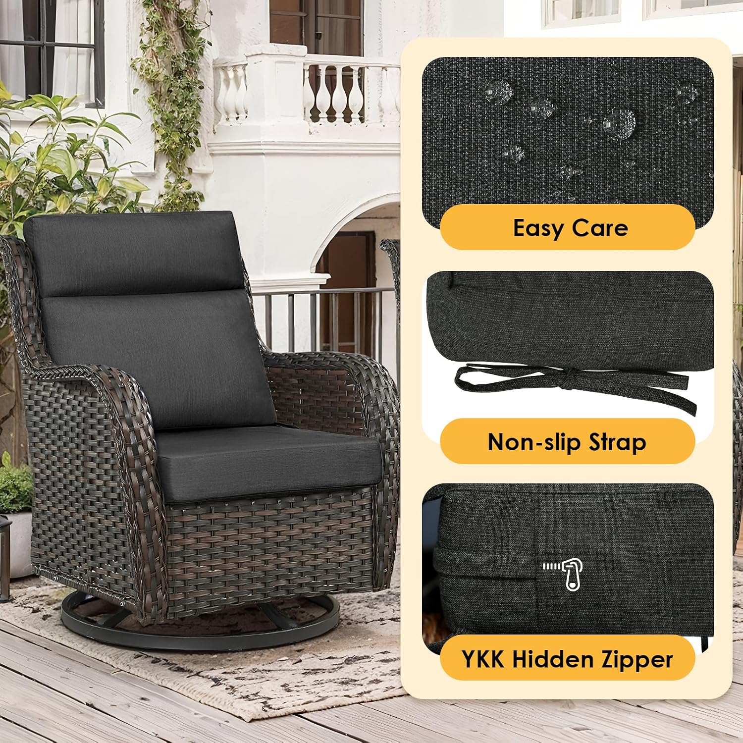 Sunbrella Outdoor High Back Chair Cushion, 2 Pack 44x21 inches Patio Chair Cushions Water Repellent Rocking Cushions Indoor Furniture Seat Pad, Spectrum Carbon