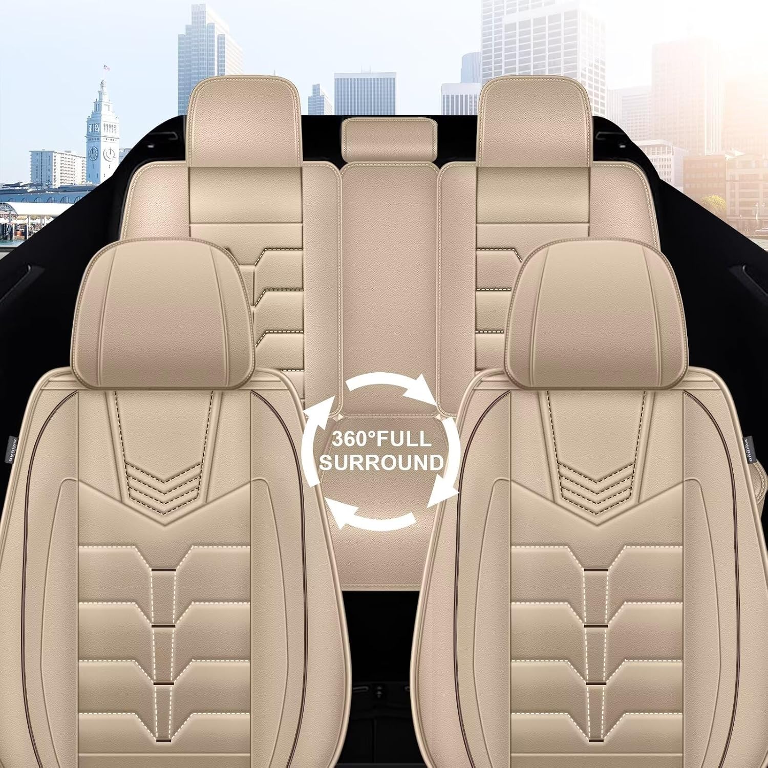 IKABEVEM Seat Covers Fit for Nissan Pathfinder 2011-2024 2025 2026 Full Set Car Seat Cover Faux Leather Seat Cushion Waterproof Auto Protectors(Beige)-2 Rows 5 Seats