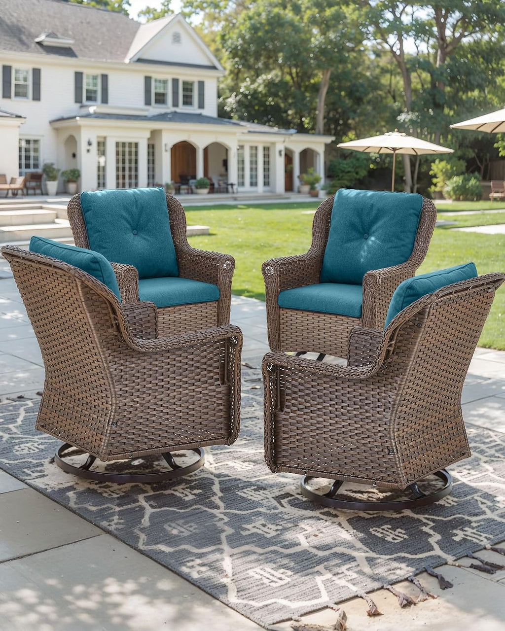 Patio Chairs Outdoor Swivel Glider - Set of 4 High Back Outside Brown Wicker Rattan Rocking Chair with Thick Cushion for Porch Apartment Deck Yard Poolside Garden - Peacock Blue