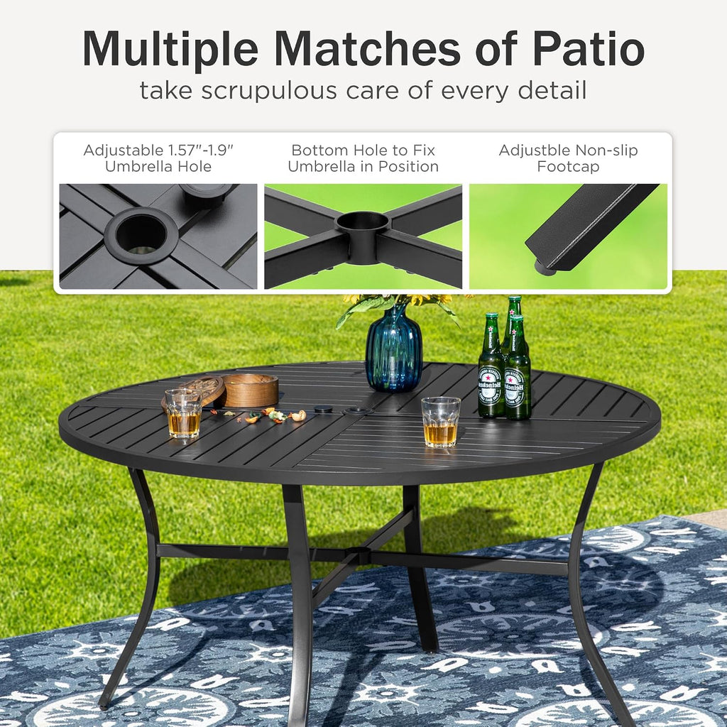 PHI VILLA 5-Piece Outdoor Dining Sets, All-Weather Patio Table and Chairs Set for 4, Heavy Duty Patio Table Set Round for Deck, 4 Extra Large Outdoor Metal Wicker Dining Chairs with Thick Cushions