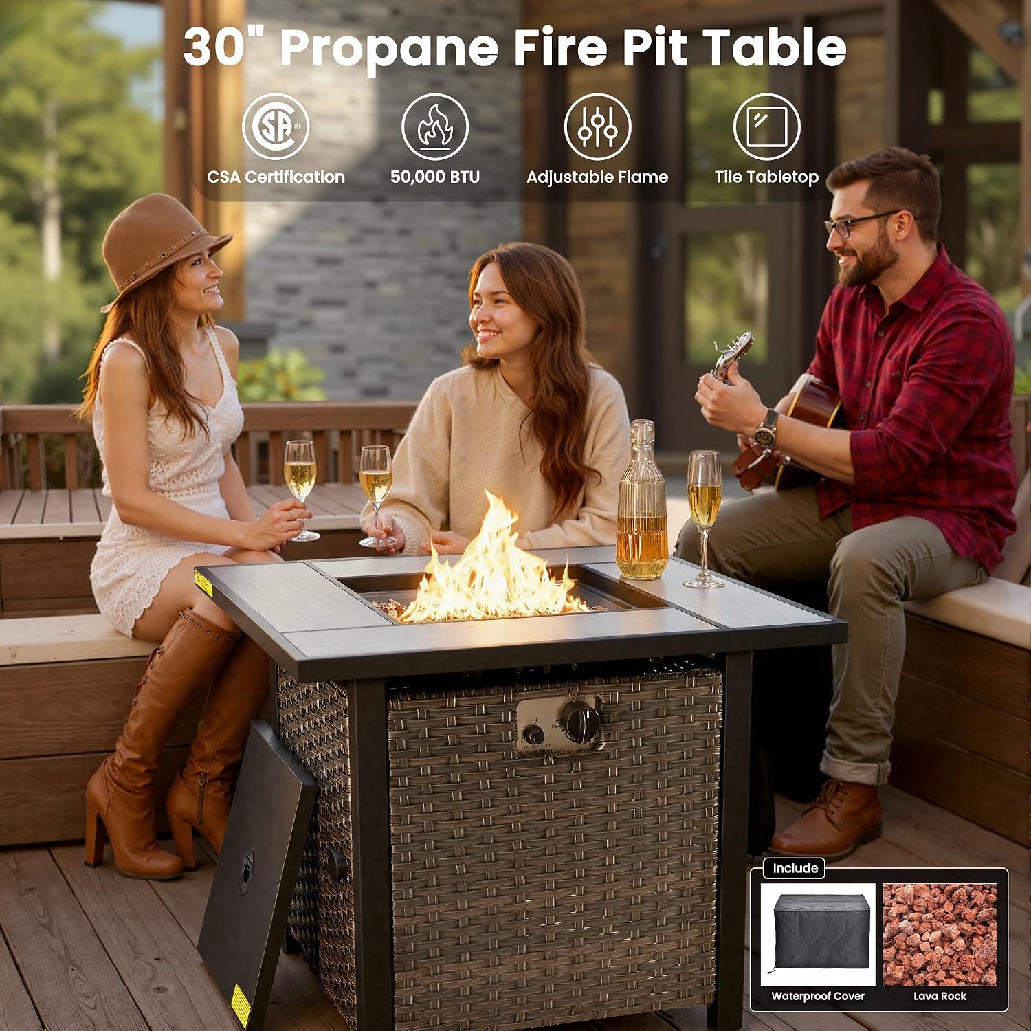 ovios 6 Pieces Patio Furniture Set with 30 inch Fire Pit Table, Outdoor Wicker Sofa Couch Loveseat, Swivel Rocking Glider Chairs, Modern Conversation Set, Brown Rattan, Beige