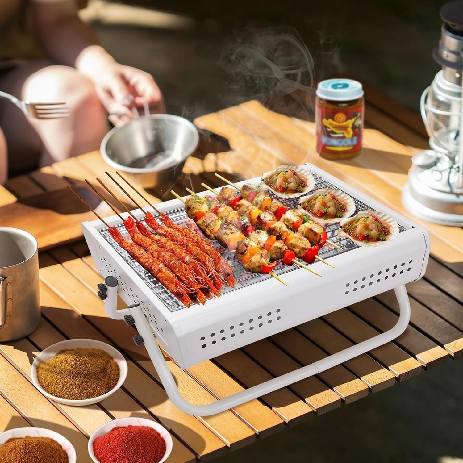 Portable Charcoal Grill Tabletop Charcoal Grill with Handle Portable BBQ Grill Outdoor Barbecue Grill for Camping Picnic BBQ Grill for Outdoor(White)