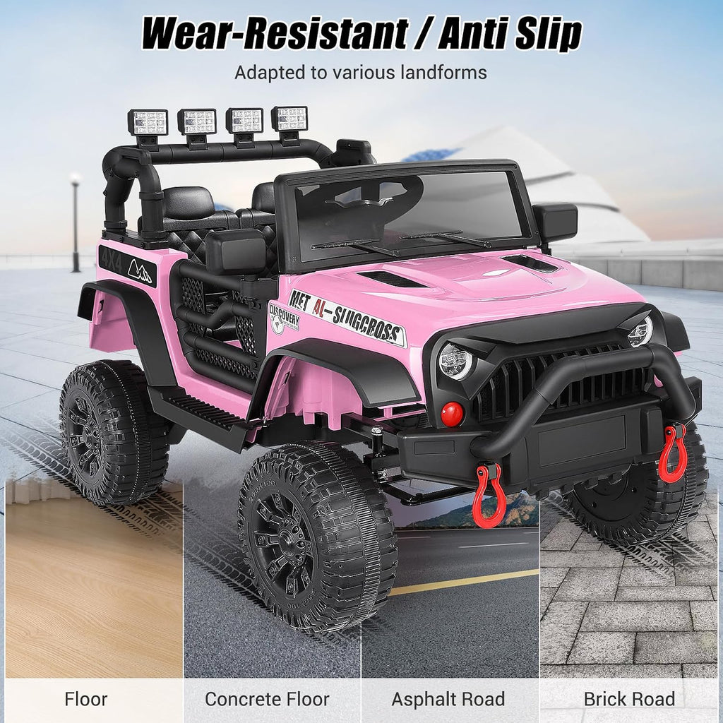 Hikole 24V Ride on Toys for Big Kids with Remote Control, 4X4 400W Battery Powered Truck with Bluetooth, Music, LED Lights, Shock Springs, Safety Belt, Power Wheels 24 Volt for Boys Girls 3-5, Pink