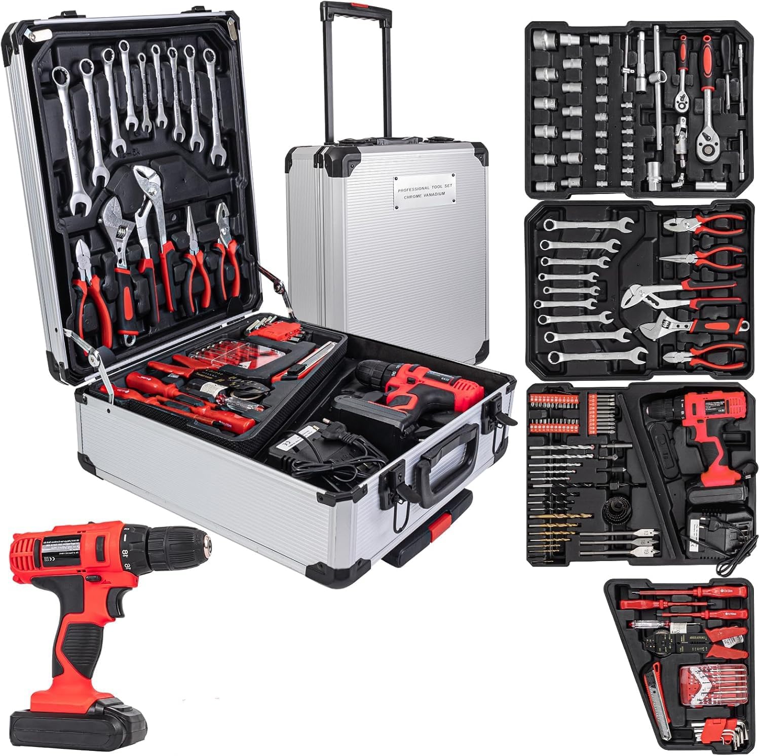 346Pcs Tool Sets, 18V Electric Power Drill Set for Men, Household Home DIY Hand Tool Kits,18+1 Clutch Cordless Power Drill Set for Thanksgiving, Christmas,Father's Day (Silver)