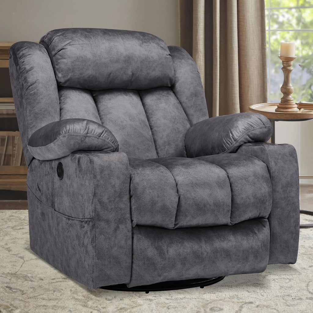 Swivel Rocker Recliner Chair with Heat and Massage, Manual Glider Rocking Reclining Chair, 360° Swivel Overstuffed Lounge Chair with 2 Cup Holders, Side Pockets & USB Ports, Fabric Grey