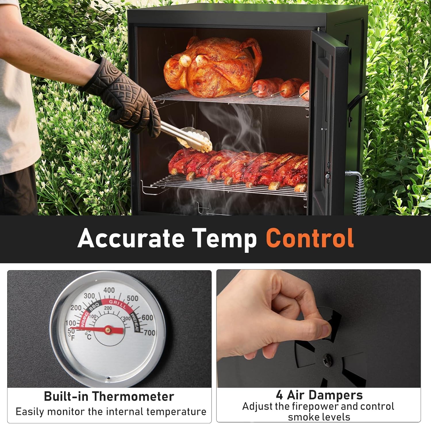 Happygrill Charcoal Grills, 40' Vertical BBQ Smoker Grill with Built-in Thermometer, Adjustable Air Dampers, Removable Water Pan & Grill Grates for Backyard Picnics, Party, Outdoor Camping