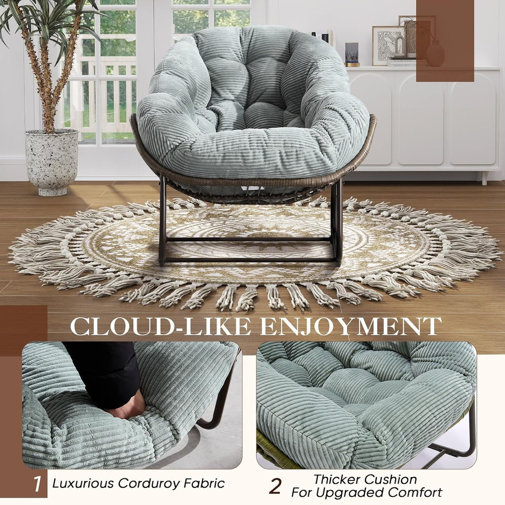 Oversized Indoor/Outdoor Corduroy Rocking Papasan Chair, Modern Egg-Shaped Design with Thick Memory Foam Cushion, Green