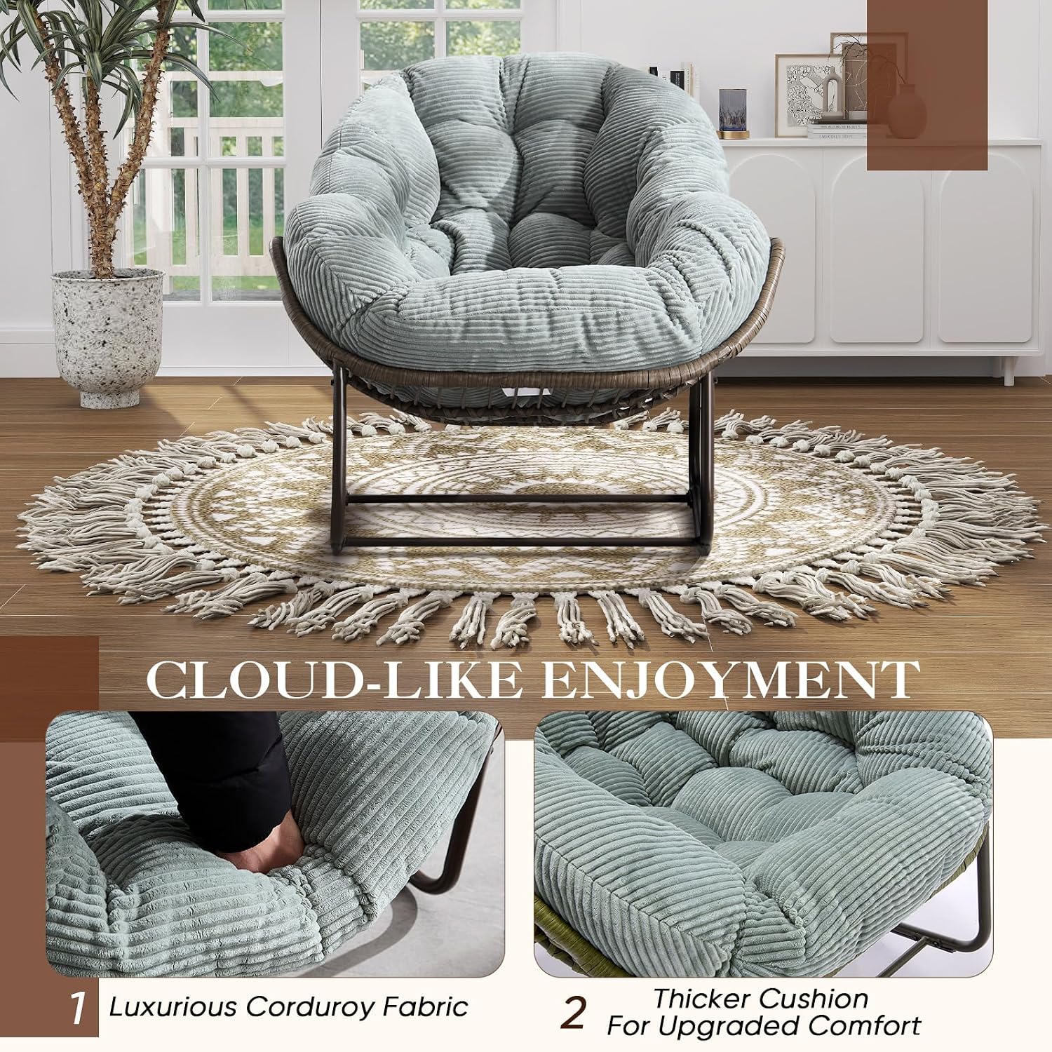 Oversized Indoor/Outdoor Corduroy Rocking Papasan Chair, Modern Egg-Shaped Design with Thick Memory Foam Cushion, Green