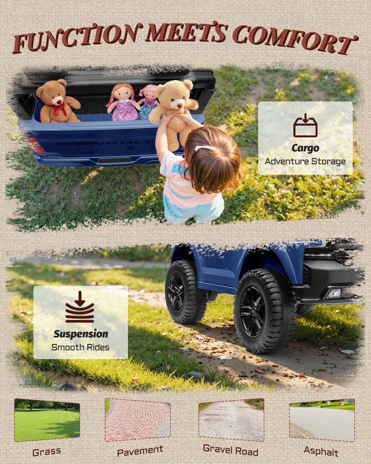 First Ride On 24V 2 Seater Ride on Toys Licensed Chevrolet Silverado, Electric Vehicle with Remote Control and Seat Belts, Electric Ride On Truck wtih Trunk, Bluetooth and LED Lights (Blue)