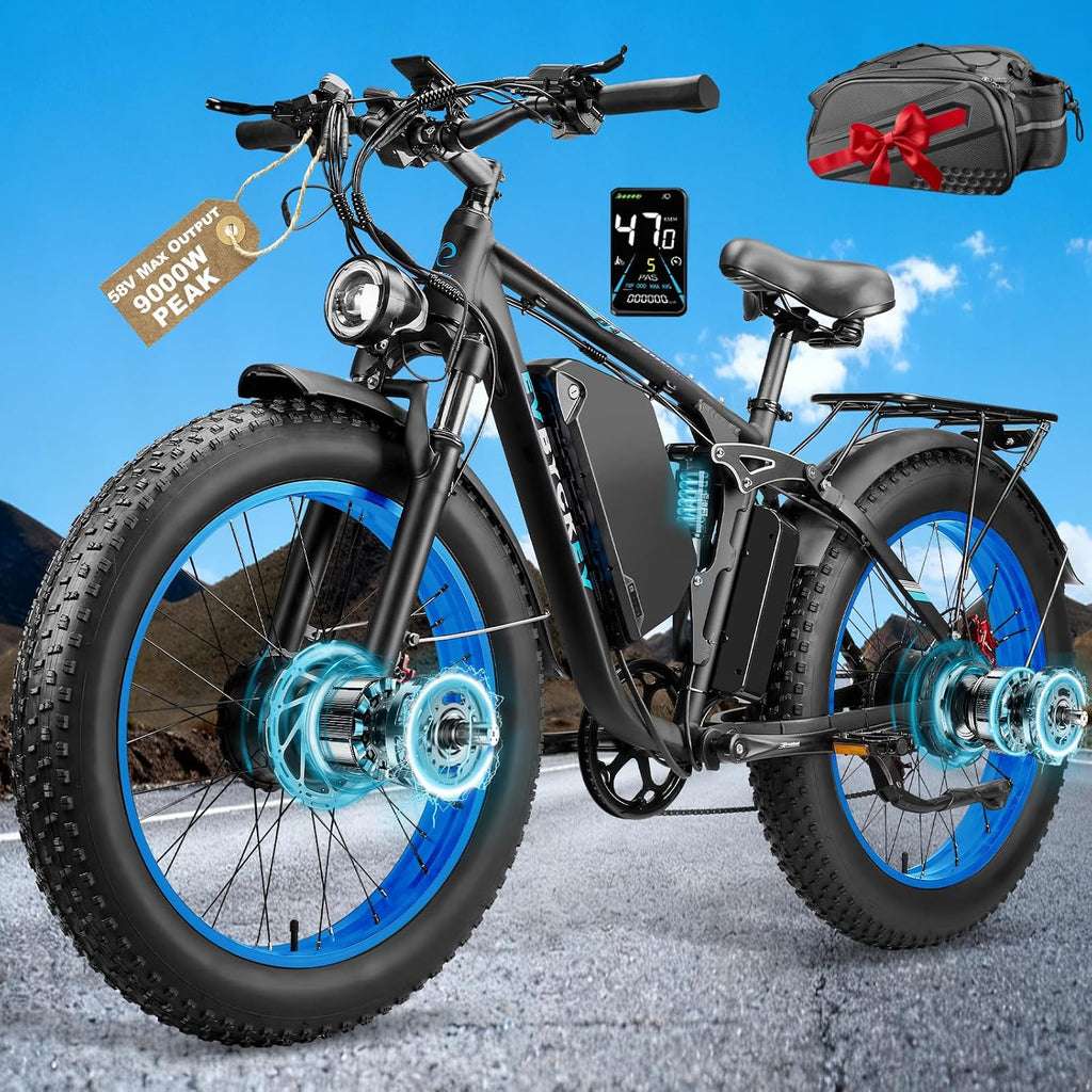 9000W Peak Dual Motor Ebike for Adults 47 MPH Fast Electric Bike, 58V Max 1972 Wh Up to 105 Miles Ebikes,24' Fat Tire E-Bike,Full Suspension Electric Bicycle for Mountain Commuter Snow