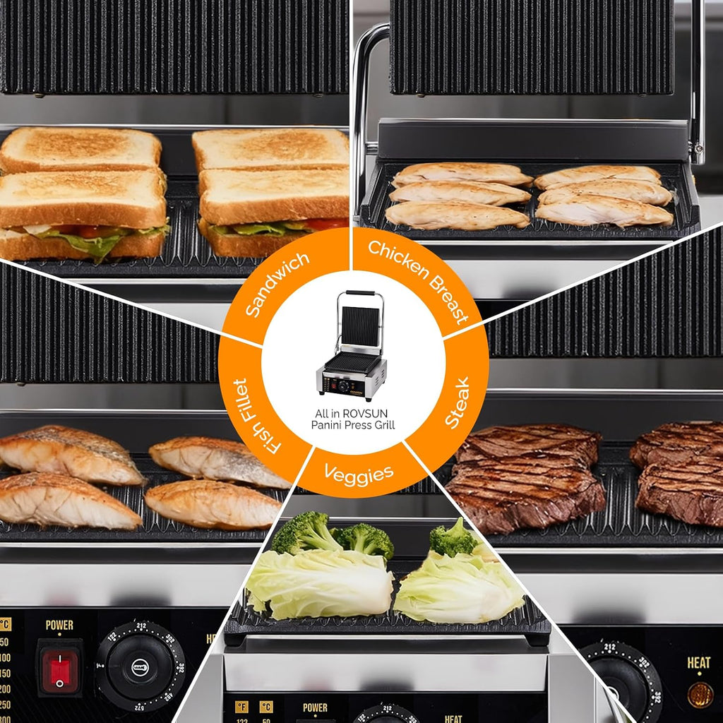 ROVSUN 811 Commercial Panini Press Grill, 1800W Stainless Steel Electric Countertop Sandwich Maker with Adjustable Temp 122°F–572°F, For Steak, Burgers, Home & Restaurant Use, 110V, Silver