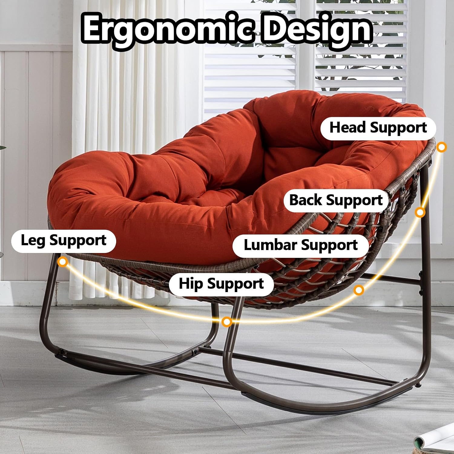 37' Papasan Rocking Chair with Cushion and Steel Frame, Oversized Outdoor Egg Rocking Chair, Rattan Circle Chairs for Grand Patio and Garden (Orange)