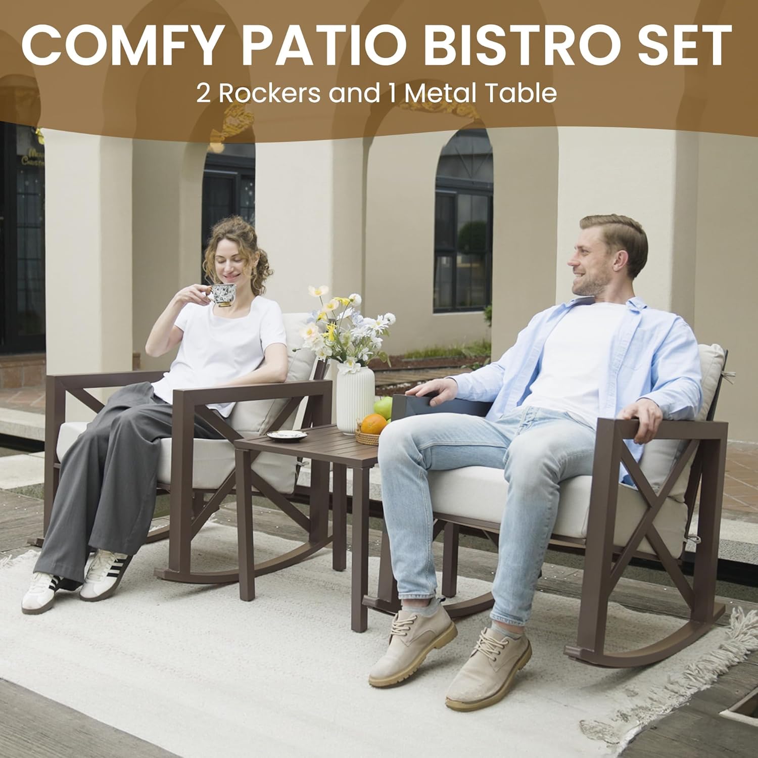 UDPATIO Rocking Chair Outdoor Set 2 with Coffee Table, 3 Piece Metal Rocking Bistro Set with 6.5' Water-Resistant Cushions, Oversized, 350lbs Heavy-Duty, for Porch, Patio, Balcony, Beige