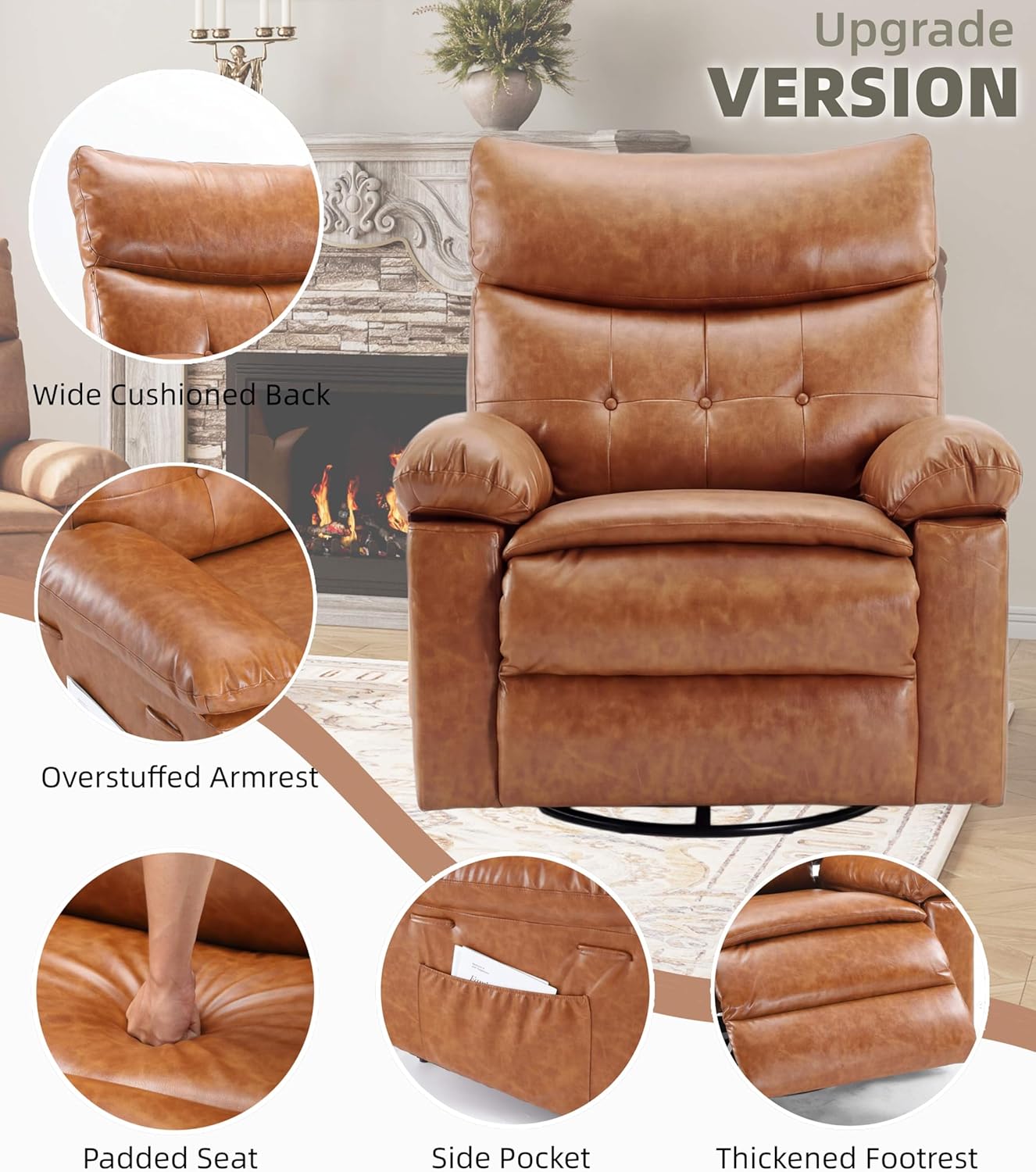 GarveeHome Leather Recliner Chair - Heat and Massage, Swivel Rocker Manual Recliner for Adults, Lazy Rocking Chair with Comfort Arms and Back Single Sofa for Living Room