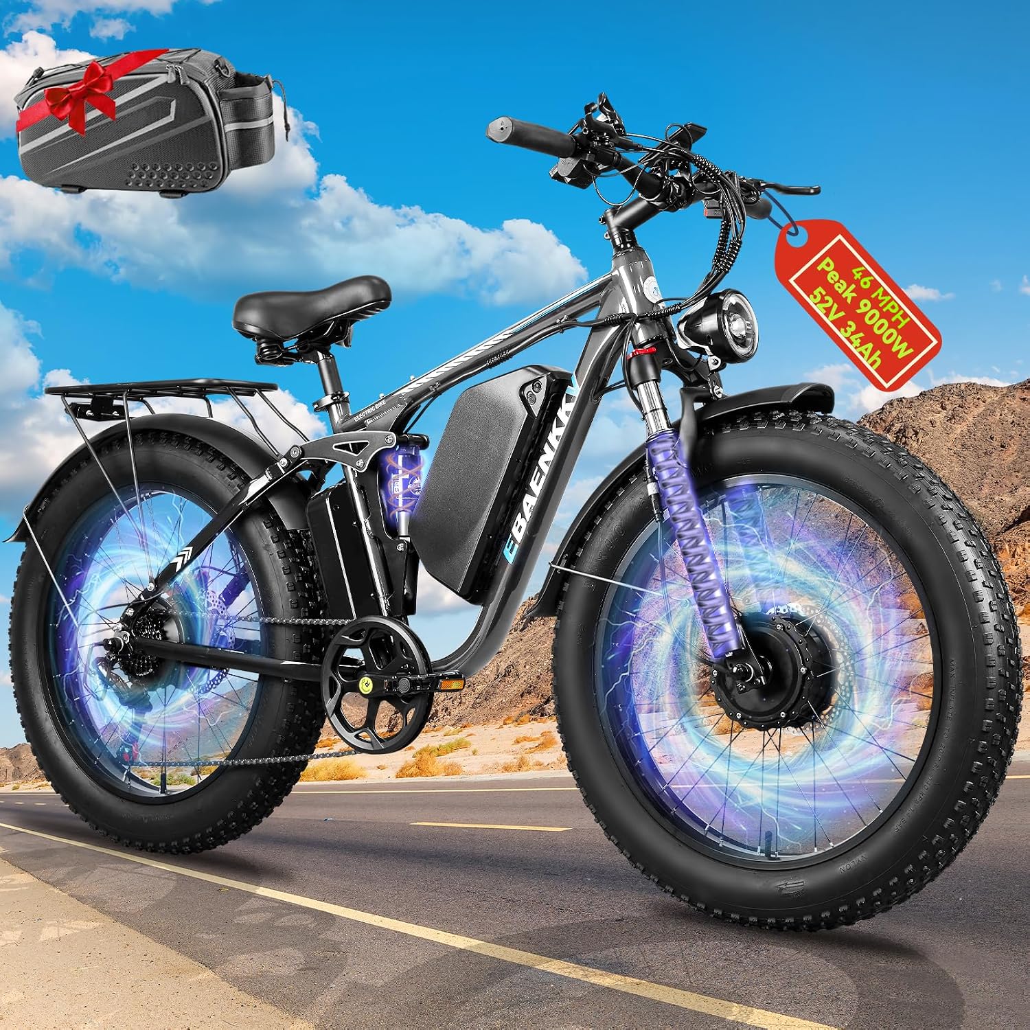9000W Peak Dual Motor Electric Bike for Adults, 46MPH 100 Miles Long Range Ebike, 52V 34Ah Removable Battery, 7 Speed, Full Suspension 24' Fat Tire E-Bike for Mountain Off-Road Commuter Snow