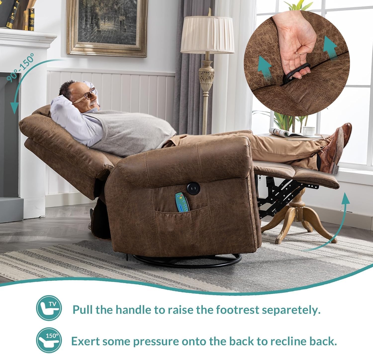 MEETWARM Oversized Swivel Rocker Recliner Chair with Heat and Massage, Manual Glider Rocking Recliner Chair, 360°Swivel Nursery Reclining Sofa with Remote Control/USB Ports for Living Room(Brown)