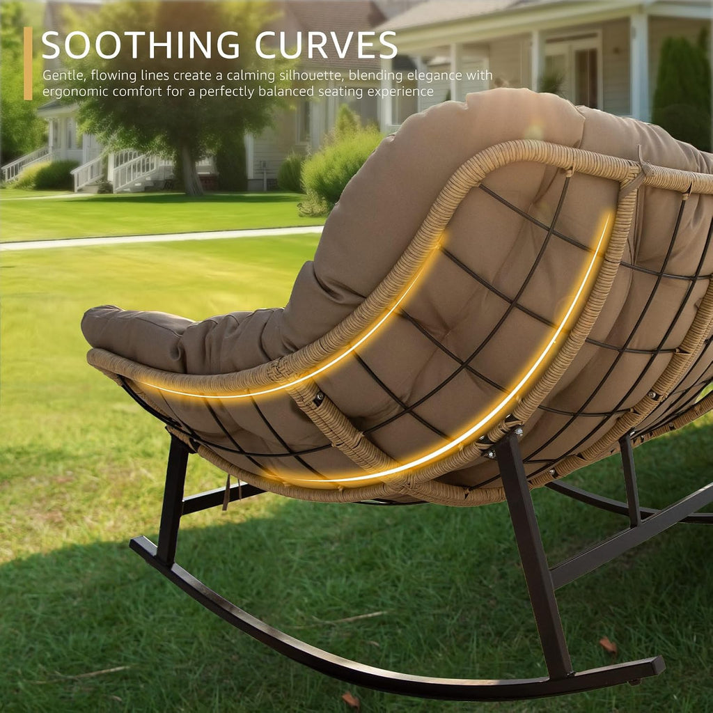 NICESOUL Patio Double Rocking Papasan Chair with Ottoman, Indoor Outdoor Padded Rocking Chair for 2 Person, Oversized Egg Loveseat Wide Rattan Cozy Royal Rocker for Lawn, Garden, Deck, Tan