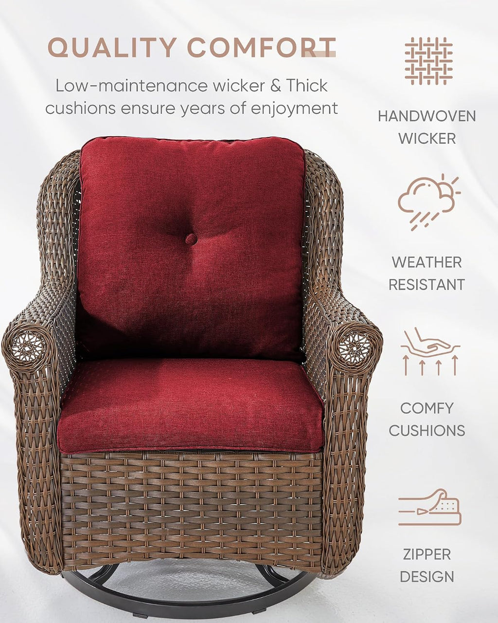 Patio Chairs Outdoor Swivel Glider - Set of 4 High Back Outside Brown Wicker Rattan Rocking Chair with Thick Cushion for Porch Apartment Deck Yard Poolside Garden - Red