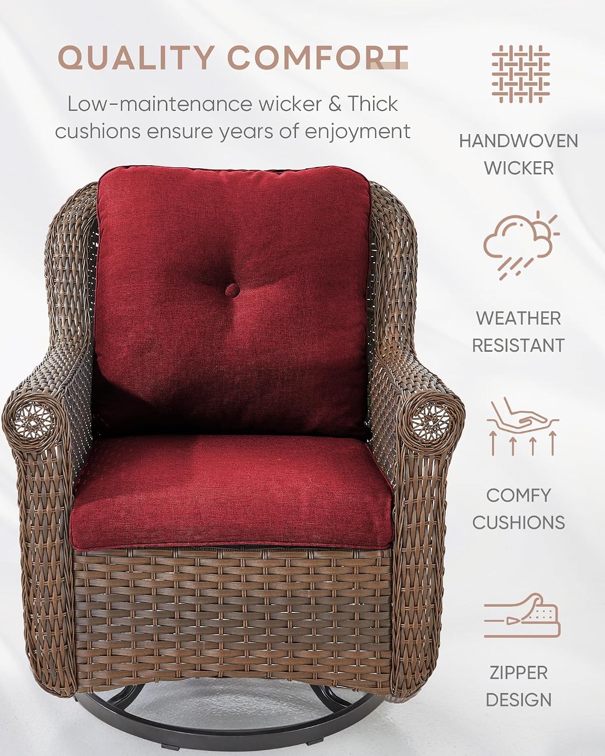 Patio Chairs Outdoor Swivel Glider - Set of 4 High Back Outside Brown Wicker Rattan Rocking Chair with Thick Cushion for Porch Apartment Deck Yard Poolside Garden - Red