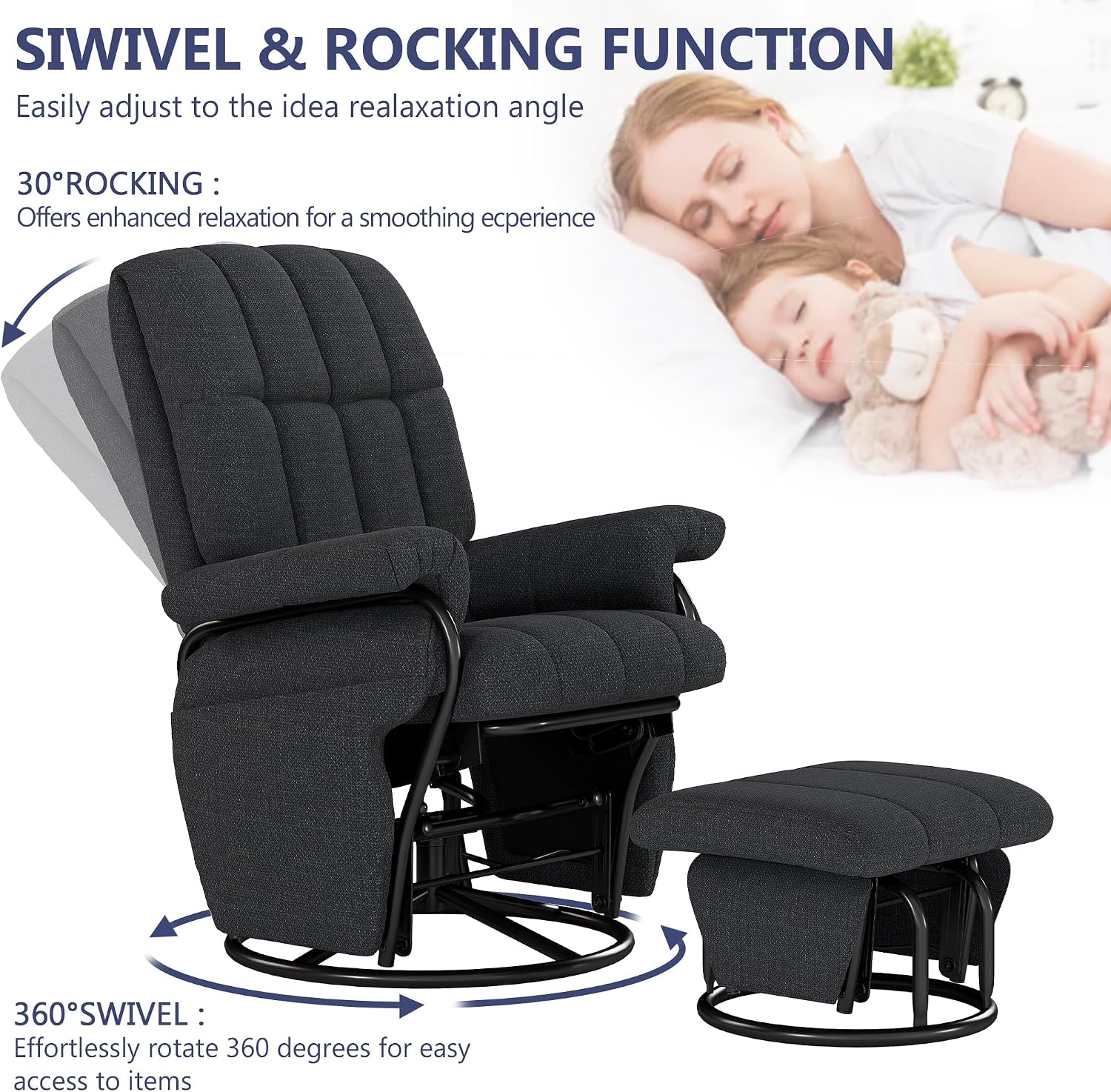AODAILIHB 360° Swivel Glider Recliner with Ottoman, Nursing Glider Rocking Chair with Foot Rest & 2 Side Pockets for Nursery, Living Room, Bedroom, Office, Grey