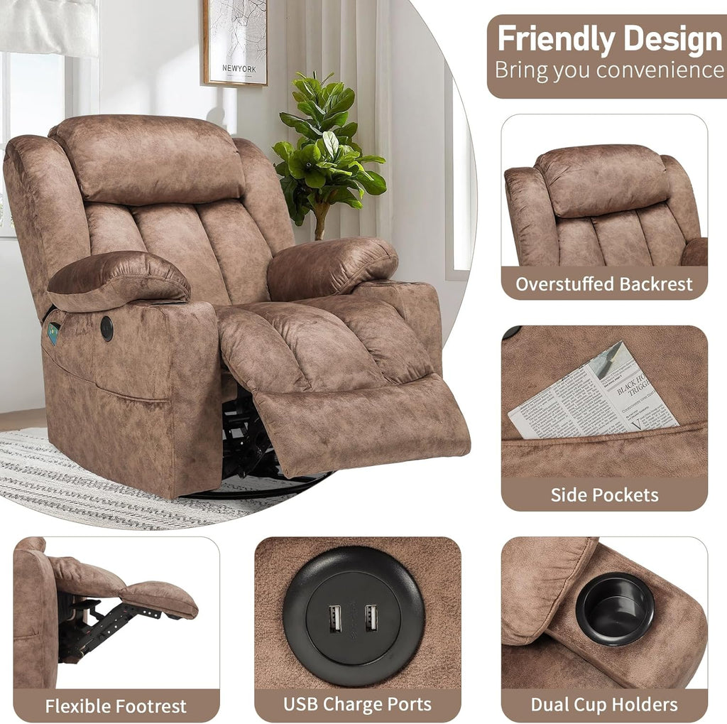 Swivel Rocker Recliner Chair with Heat and Massage, Manual Glider Rocking Reclining Chair, 360° Swivel Overstuffed Lounge Chair with 2 Cup Holders, Side Pockets & USB Ports, Fabric Brown