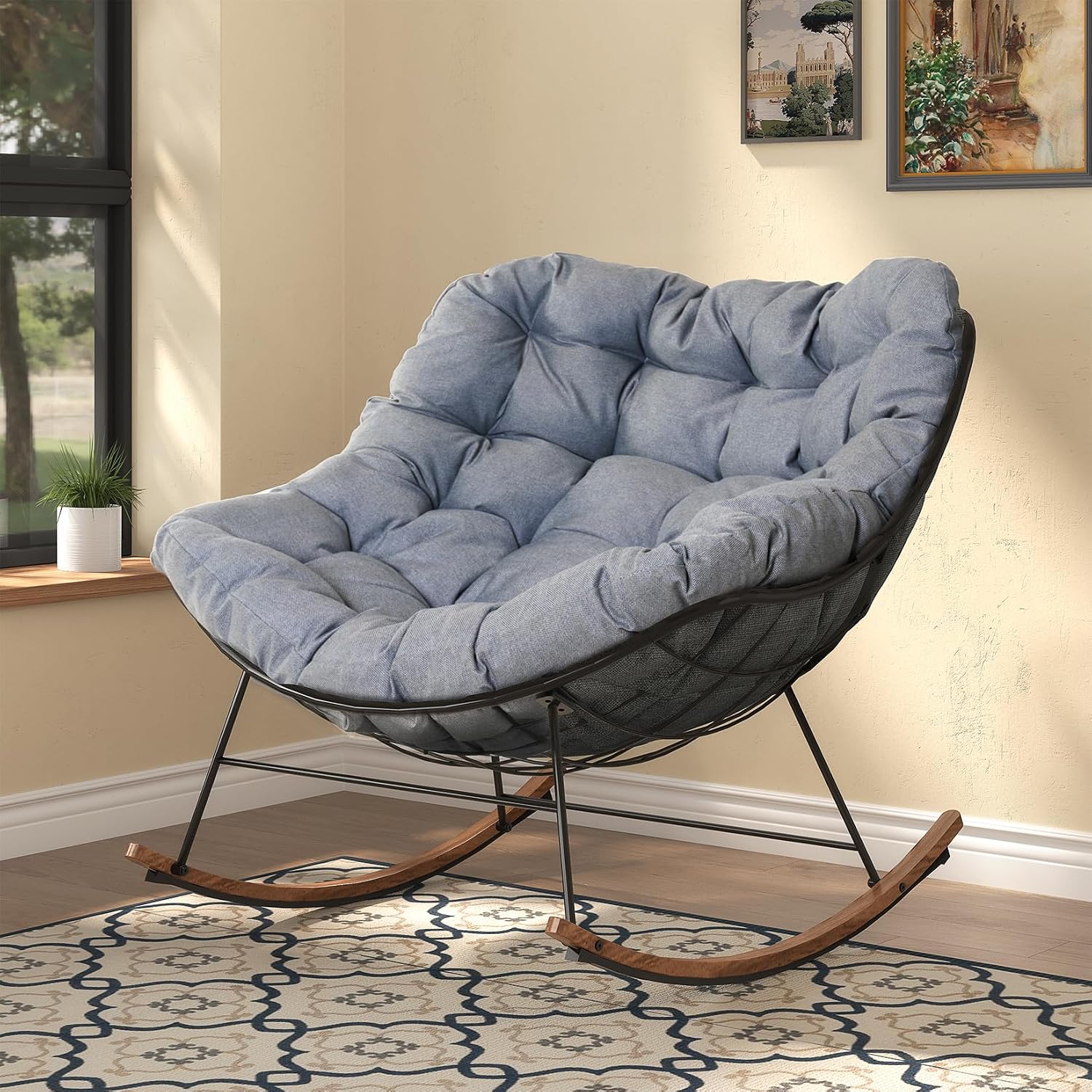 Grand patio Rocking Chair Indoor with Thick Cushion, Oversized Metal Papasan Rocking Chair for Living Room