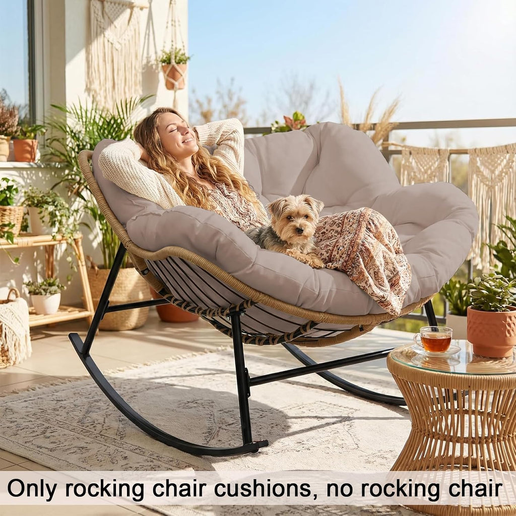 Thickened Waterproof Papasan Rocking Chair Cushion, 6.3'' Patio Egg Chair Pad with Ties, Outdoor/Indoor Rattan Hammock Cushions for Porch, Garden, Balcony(Only Cushion no Chair) (Khaki)